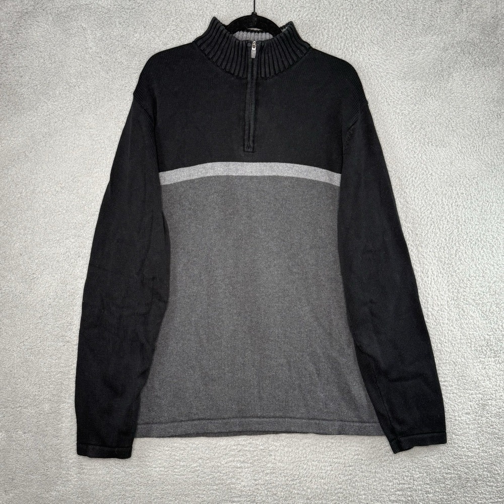Eddie Bauer Mens T2XL Black Grey Colorblock 1/4 Zip 100% Cotton Knit Sweater